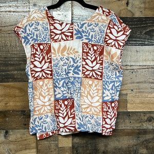 NWT Sigrid Olsen 100% Linen Multi Patchwork Top Blouse Casual Women's Size Med‎